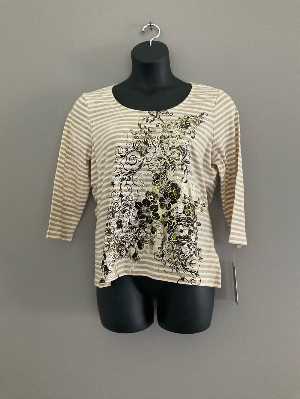 Laura Ashley NWT Tan and White Striped Shirt (with Black Floral Design)